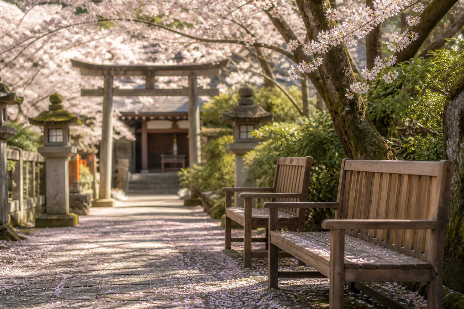 石畳に桜の花びらが散る、静かな参道
